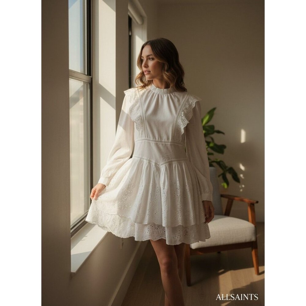 Allsaints Aislyn Broiderie White Ruffled Eyelet Dress 100% Cotton Lined EUC Worn - Picture 7 of 16